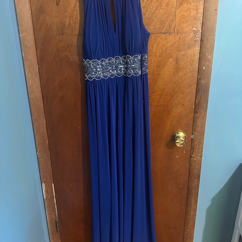 R & M Richards Blue and Silver Embellished Halter Maxi Gown